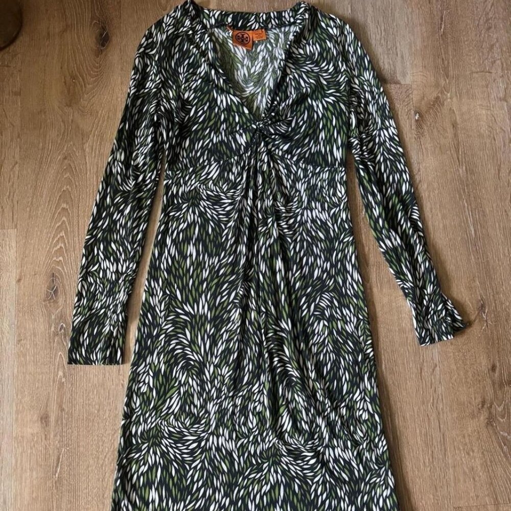 Tory Burch Size S Black/Green/White 100% Silk Long Sleeve V Neck abstract Dress